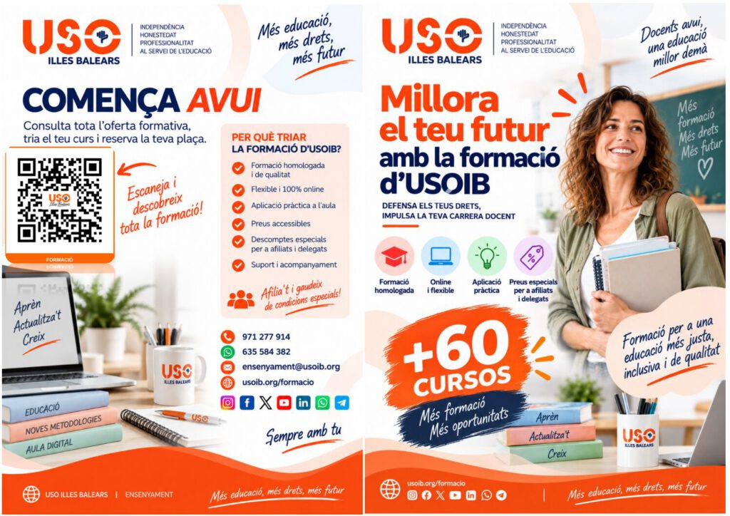 Díptic de l'oferta formativa d'USO Illes Balears. Obriu-lo per veure tots els cursos.