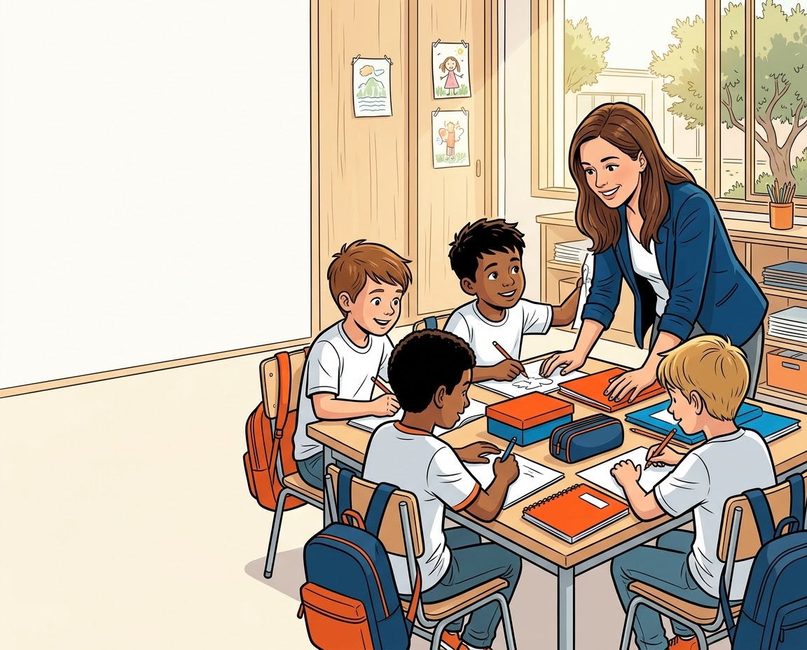 Aula preparada per començar la classe amb llibres i material escolar